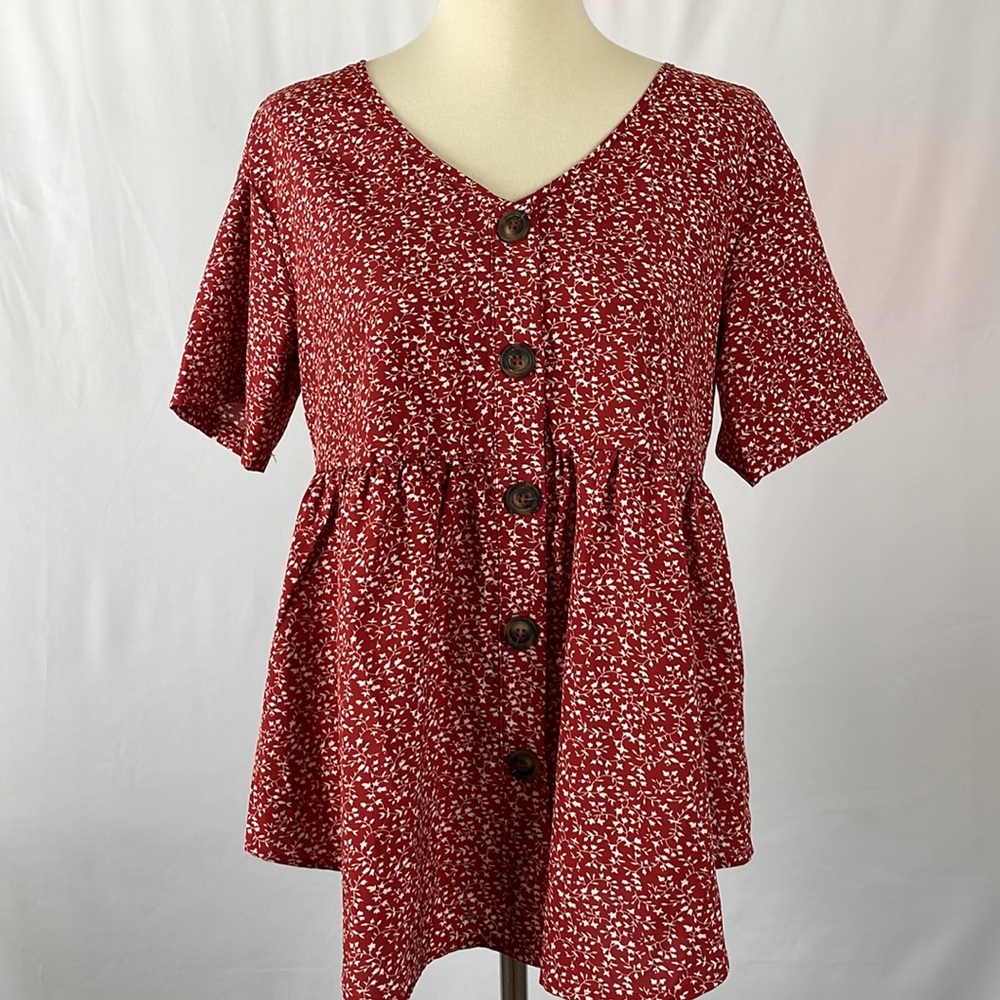 SHEIN Maroon Boho Floral Print Short Sleeve Pleated Blouse - Size XS